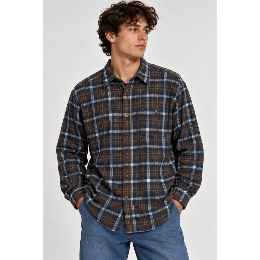 Blue Mountain Men's XLT Plaid Flannel Shirt Navy Brown Cotton NWT